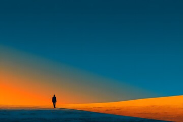 Fototapeta premium Isolation shows one person alone on a wide empty scene for loneliness or distancing themes.