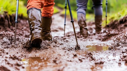 Hiking Through Muddy Terrain A Close-Up View of Boots and Poles