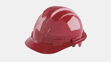 Fototapeta premium Close-up studio shot of a red hard hat with white reflective stripes. The hat is positioned at a three-quarter angle against a plain white background. The image shows the hard hat's smooth