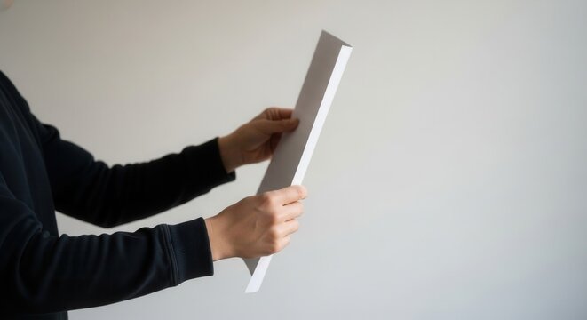 A person in a dark long-sleeved shirt holds a white rectangular object against a plain light background