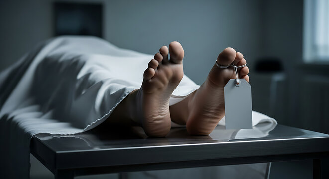 Deceased person covered with a white sheet on an autopsy table, focus on the feet and toe tag