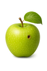 Whole green apple with a leaf on a transparent background with copy space