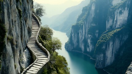 Breathtaking Mountain Stairway Leading to a Serene River Gorge