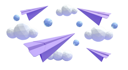 Purple paper airplanes flying among clouds and blue spheres isolated on transparent background