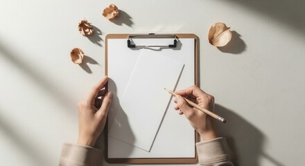 A persons hands are shown from above with one holding a pencil poised over a blank paper on a clipboard surrounded by dried natural elements