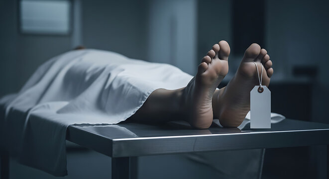 Feet of a deceased person on a medical table with a toe tag, symbolizing death and mortality