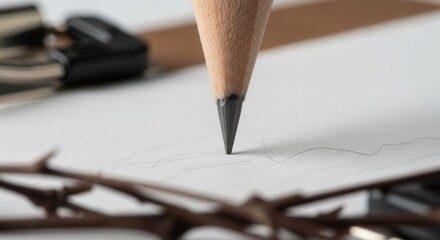 A sharp wooden pencil with a dark graphite tip touches textured paper leaving faint sketch lines Blurred branches are in the foreground office items in the background