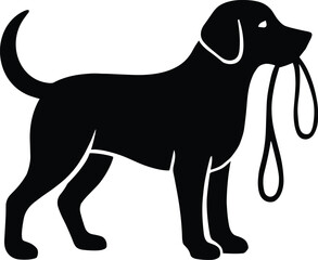 vector silhouette, dog holding leash in mouth, standing side view, solid black