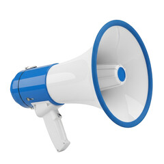 Blue and white megaphone device amplifying sound for public announcements and communication transparent background