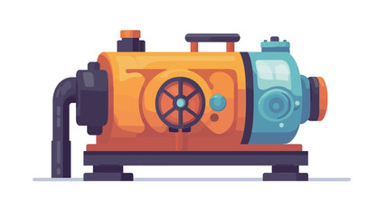 A digital illustration depicts a stylized cartoon water pump. The pump is predominantly orange with a teal/blue digital display and control panel on one end. It features visible pipes and a handle.