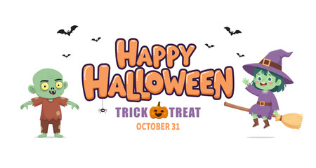Halloween horizontal banner on a white background. Happy Halloween Party. Trick or Treat. Witch and zombie characters. Vector illustration
