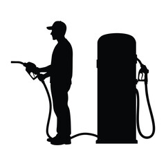 Silhouette of a gas station attendant or a person holding a fuel nozzle next to a gas pump. This image represents the process of refueling a vehicle, a common activity at a service station.