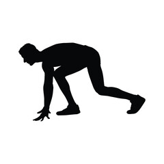 An athlete in a crouched starting position, captured in a dynamic black silhouette against a clean white backdrop, symbolizing readiness, power, and the start of a race.
