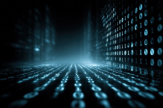 Abstract digital landscape with flowing binary code, blue hues, and futuristic vibe - Powered by Adobe