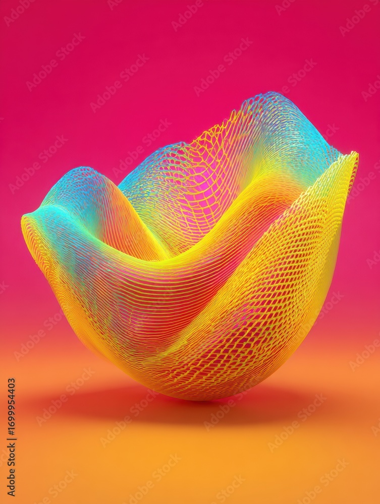 Poster vibrant abstract sculpture with flowing lines against a bright gradient background in an artistic di