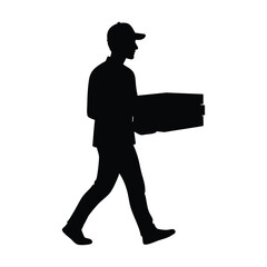 Silhouette of a delivery man wearing a cap and carrying stacked pizza boxes. This image represents food delivery services, couriers, and the fast-paced nature of modern takeout.