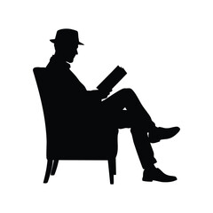 A black silhouette of a man wearing a hat, sitting comfortably in an armchair and reading a book. This image represents leisure, intellectual pursuits, relaxation, and a calm, quiet moment.