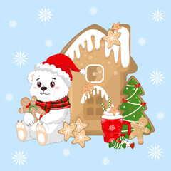 Cute Polar Bear in Santa Hat with Gingerbread House and Hot Chocolate. Holiday Cheer Vector Illustration with White Teddy Bear and Winter Treats. Gingerbread Man, Christmas Cookies, Christmas Drinks.