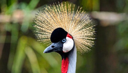 Fototapeta premium Close-up of a Grey Crowned Crane's striking head, showcasing the vibrant colors and intricate details of its plumage, against a softly blurred natural backdrop.