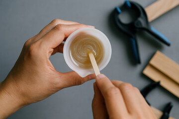 Person mixing transparent adhesive glue with wooden spatula in small container for woodworking and crafting repairs on gray table