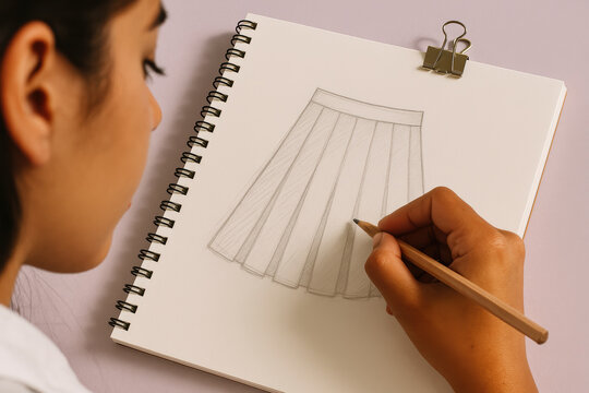 Fashion designer sketching pleated skirt in notebook with pencil, creative process for clothing design and garment development