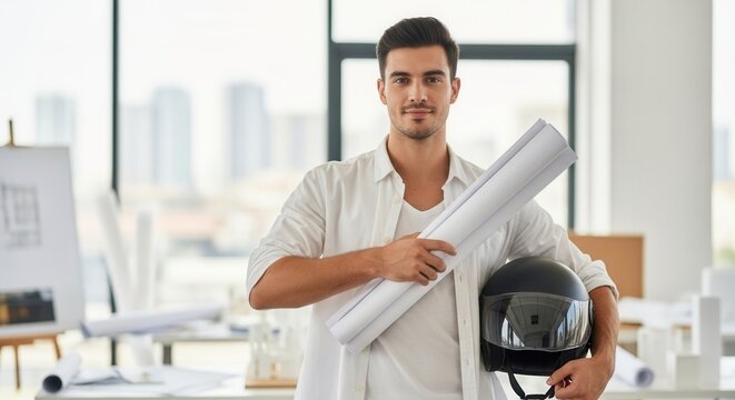 A young man in a white shirt holds rolled architectural plans and a black helmet standing in a bright office with city buildings visible through windows