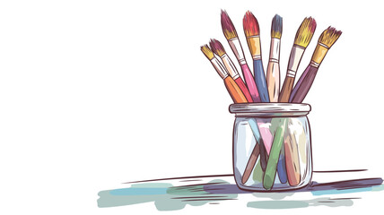 A digital illustration depicting a clear glass jar containing multiple paintbrushes of varying sizes and colors. The paintbrushes are arranged upright within the jar. The style is a hand-drawn or