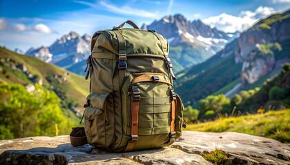 A durable olive green backpack sits atop a rock, showcasing a breathtaking view of towering mountains and lush greenery.