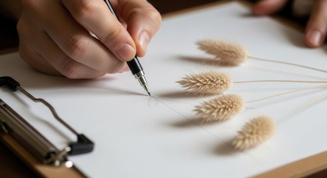 Hand drawing a loop on white paper with a pencil beside dried plant stalks on a clipboard