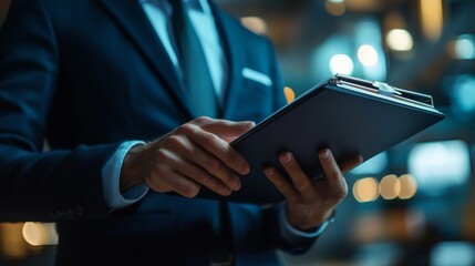 Businessman hand holding book and digital tablet