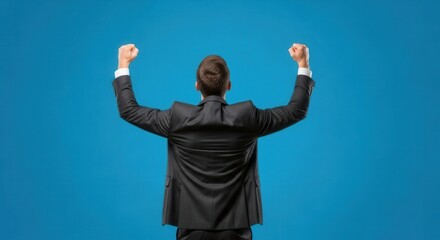 Person in a dark suit with arms raised and fists clenched, viewed from behind against a blue background.
