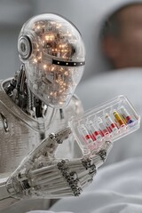 Transparent robotic nurse holding blister pack of multicolored capsules near hospital bed, glowing circuits symbolizing advanced healthcare precision, sterile environment and compassionate integration