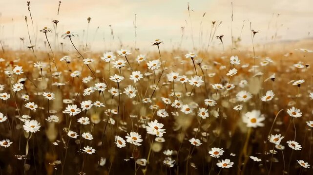 A serene, wide-angle video of a daisy field in soft focus, capturing a dreamy, impressionistic style with gentle, warm tones. Live desktop wallpaper.