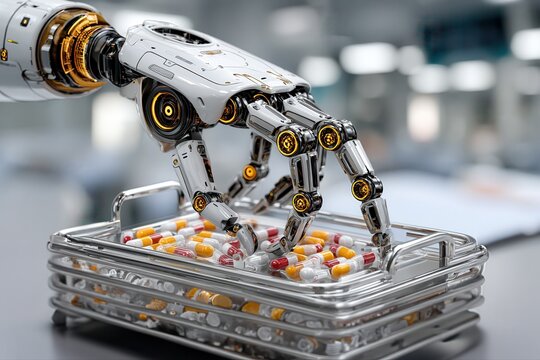 Futuristic robotic hand reaching into metallic basket filled with colorful capsules, symbolizing precision handling, sterile efficiency and advanced automation in futuristic medical healthcare setting