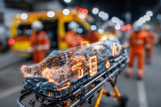 Futuristic stretcher glows with holographic projections of patient vitals in busy emergency street scene, paramedics prepare for urgent transport to advanced ambulance with digital monitoring systems.
