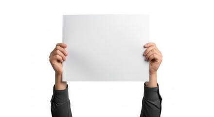 Fototapeta premium Two hands hold a blank white rectangular paper, held aloft against a bright white background, with dark shirt sleeves visible below.