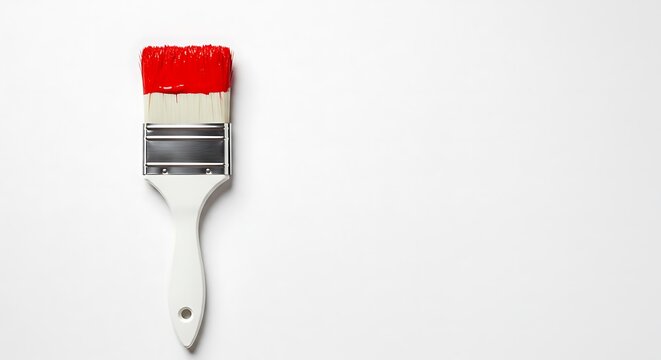 A single paint brush with vibrant red paint dripping from its bristles, isolated on a clean white background.