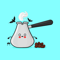 Cute coffee pot character with bats and spider.