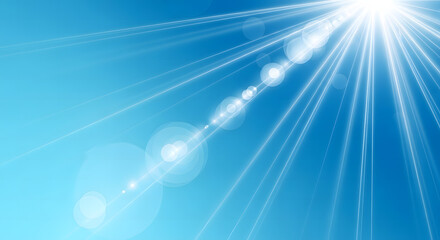 Bright white light flares and beams radiating against a gradient blue background, creating a sense of energy and warmth.