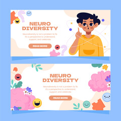 Flat Neurodiversity Symbols and Abstract Brain Horizontal Banner Set