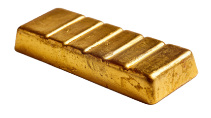 Lingotto d'oro su sfondo bianco trasparente, rappresenta ricchezza e valore.