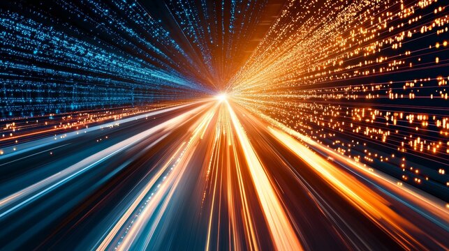 Digital data flow on road with motion blur to create vision of fast speed transfer