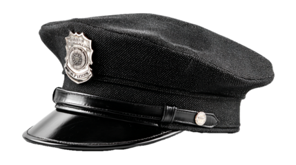 Cappello da ufficiale di polizia in primo piano, di colore nero, con una visiera lucida. Sul fronte è presente un distintivo dorato. Sfondo bianco trasparente