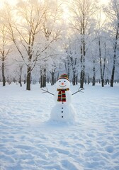 Obraz premium A happy snowman with a red hat and scarf standing in a snowy winter park