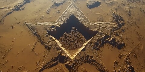 Aerial view of large Masonic symbol carved into muddy, sandy earth.