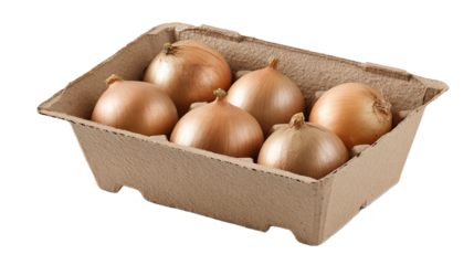 Scatola in cartone con cipolle dorate. Messaggio di un approccio sostenibile alla presentazione e vendita dei prodotti agricoli. Sfondo trasparente