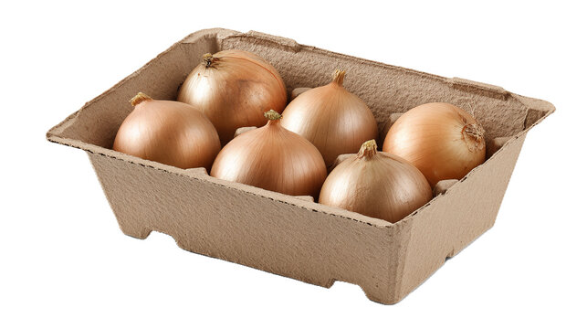 Scatola in cartone con cipolle dorate. Messaggio di un approccio sostenibile alla presentazione e vendita dei prodotti agricoli. Sfondo trasparente