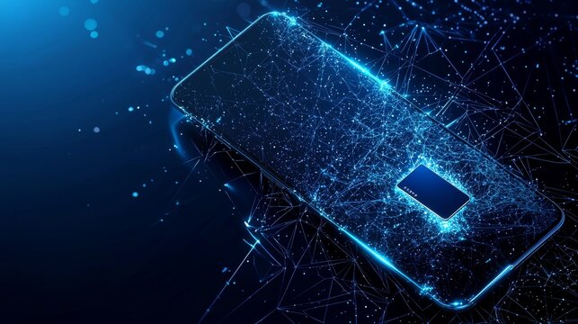 Futuristic smartphone and sim card in glowing low polygonal isolated on dark blue background.