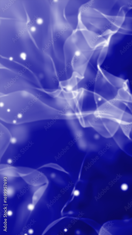Poster smooth flowing blue abstract waves and glowing light particles over a deep blue background