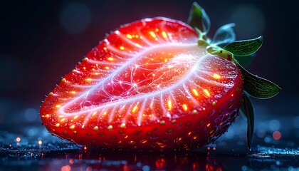 Sliced strawberry with glowing inner flesh suitable for food blogs, health articles, and recipe books. Food photography, blog posts, design projects.